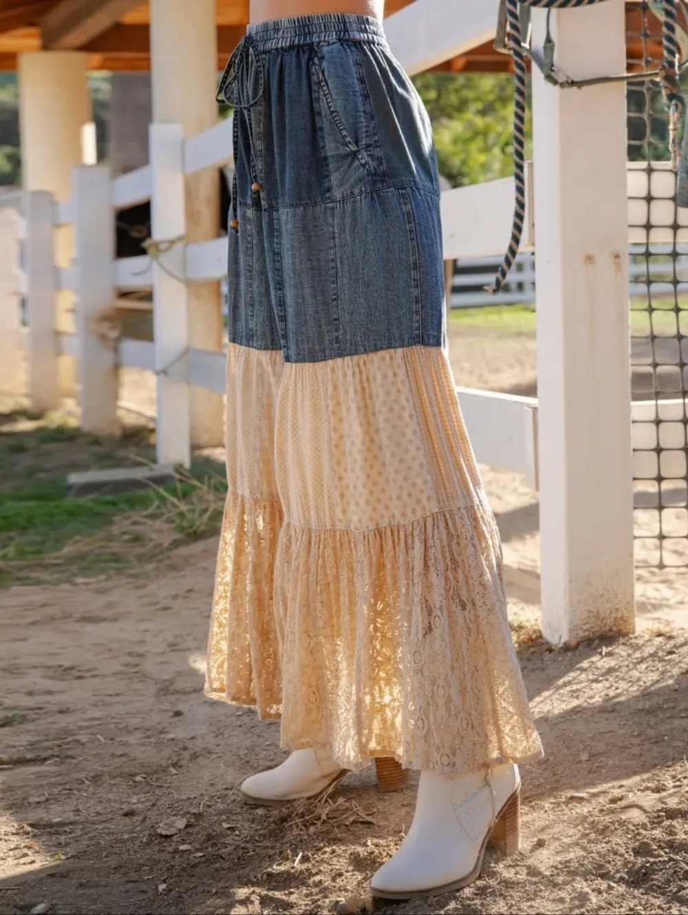 #1494 YT S-3X Prairie Moon Denim & Lace Tiered Palazzo Pants - Picture 2 of 6